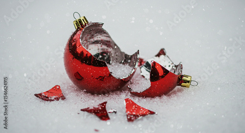 Broken red Christmas ornament with snow and shattered pieces