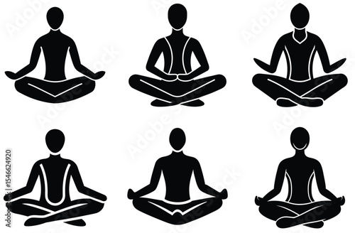 Six Black Silhouettes of People Meditating in Various Yoga Poses on White Background Simple