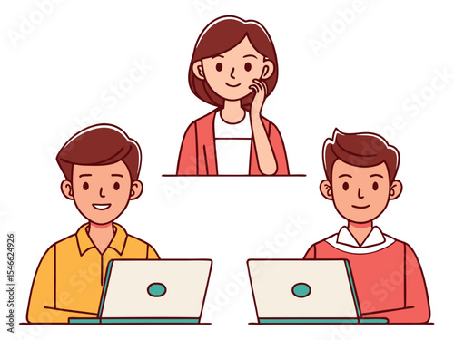 Cartoon Illustration of a Team Working Remotely with Laptops Featuring Two Men and One Woman in a Flat Design Style