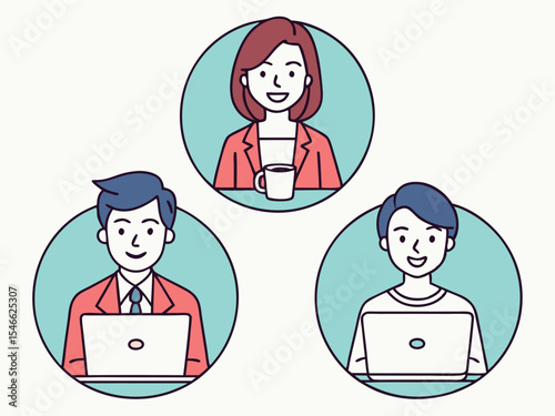 Team Collaboration and Communication with Online Meeting Business Professionals Working on Laptop and Woman Holding Coffee Cup Vector Illustration