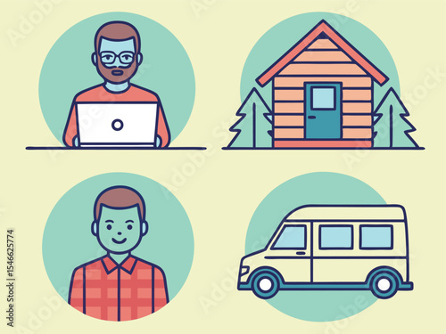 Digital Nomad Lifestyle Icons Featuring a Man Working on a Laptop a Cabin a Camper Van and a Man in a Plaid Shirt