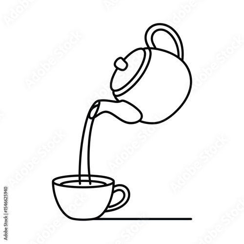 Teapot Pouring Tea into Cup Line Art Vector