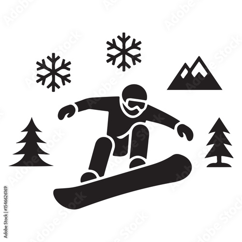  Snowboarding Silhouette with Nature Elements and Snowflakes