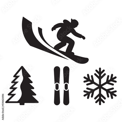 Skiing Silhouette with Trees and Snowflake Elements