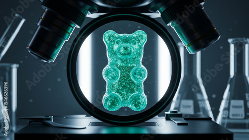 Cyan gummy bear under microscope with scientific instruments in lab background
