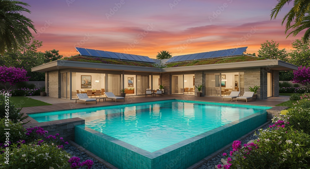 Fototapeta premium Luxury Home with Swimming Pool at Sunset