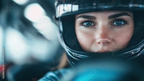 An intense close-up image of a female race car driver wearing a helmet, capturing her determination and focus, showcasing the competitive spirit of motorsport culture.