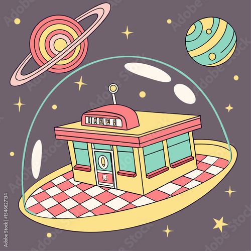 Cartoon diner under a dome in space with planets and stars surrounding it in a retro style drawing