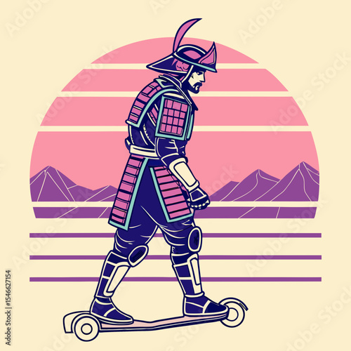 Samurai warrior on a scooter with pink sunset and mountain background in a retro style illustration