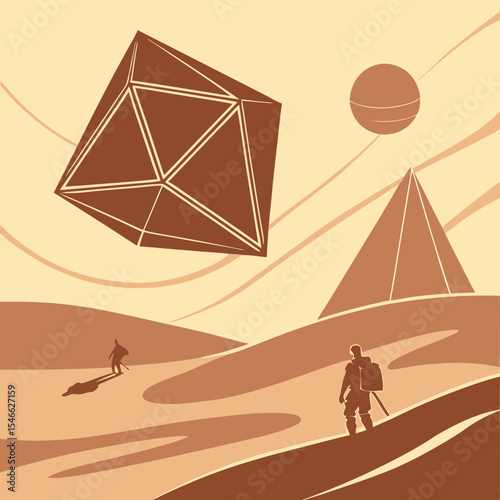 Two figures in a desert landscape with a pyramid and a dodecahedron floating in the sky so beautiful