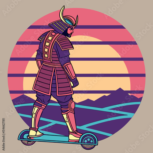 Samurai warrior on a scooter against a retro sunset and mountain backdrop in a circular composition