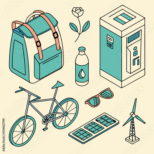 Isometric illustration showcasing eco friendly items like backpack bike and solar panel on light background
