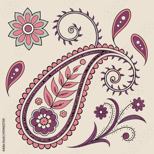 Detailed paisley design with floral accents and swirling vine elements on a light background image