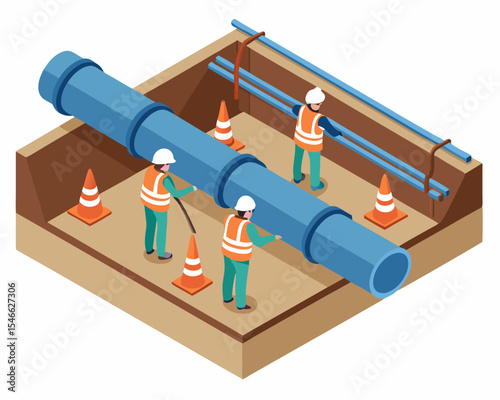 Underground water pipe construction engineering inspection and worker performing maintenance, isometric isolated cartoon vector.