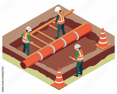 Underground pipeline maintenance scene with construction workers using protective gear in an isometric isolated design.