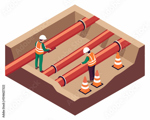 Construction workers repairing a large underground gas pipeline in an excavation site with safety gear, isometric isolated.