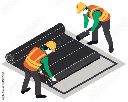 Construction workers installing HDPE geomembrane sheets in a lined wastewater treatment pond to prevent seepage and ensure proper environmental protection, isometric isolated.