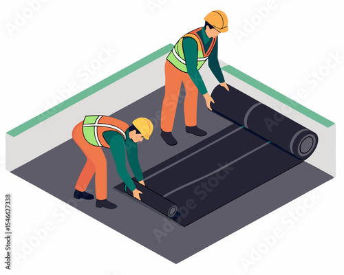 Isometric view of HDPE liner installation by construction workers in a wastewater containment pond to ensure leak prevention.