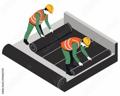 Workers in safety gear installing geomembrane sheets in a lined treatment pond, shown in isometric isolated style.