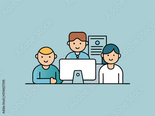Teamwork and Collaboration Illustration Depicting Three People Working Together at a Computer in a Business or Educational Setting
