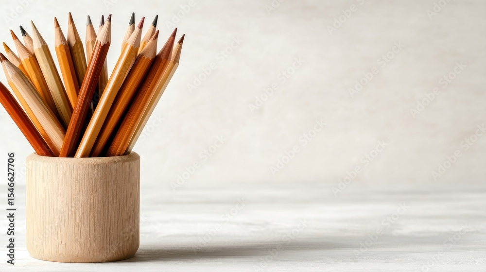 Obraz premium A vibrant collection of colored pencils is artistically arranged in a wooden holder, representing creativity, expression, and the joy of artistic exploration through fun hues.