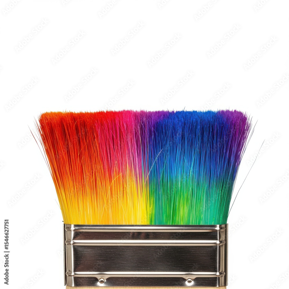 Fototapeta premium Paint brush with rainbow bristles isolated on white background. use cases: painting, art