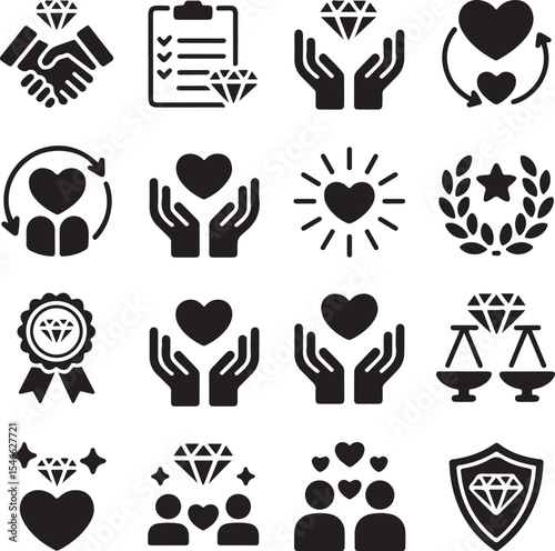 Essential Icons  Heart, Diamond, Partnership, and Trust Symbols for Design Projects