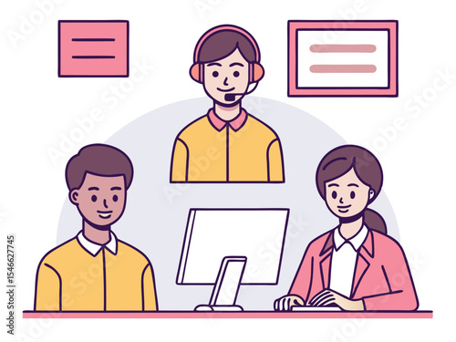 Customer Service Team Illustration with Diverse Professionals and Call Center Agent Providing Support and Assistance to Clients Online Isolated on White