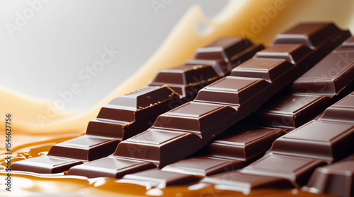 Glossy Dark Chocolate Bars on Creamy Caramel Background