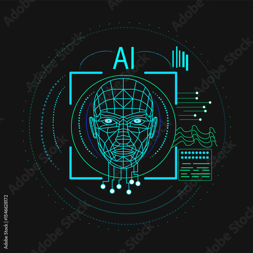 Futuristic AI Face Recognition Interface – Glowing HUD Neural Scan Technology SVG File