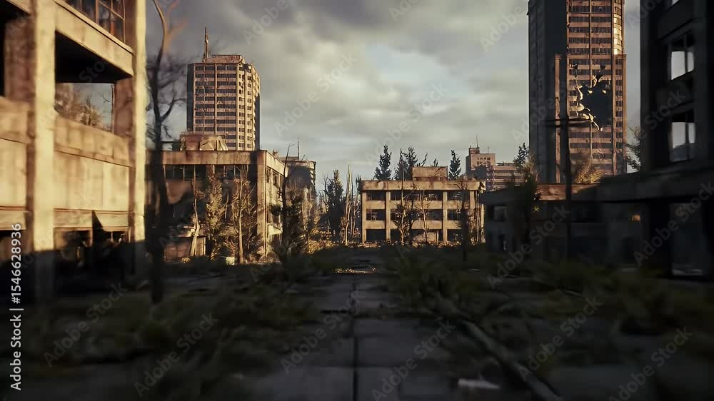 Desolate post apocalyptic urban landscape ruined buildings nature reclaiming deserted city street
