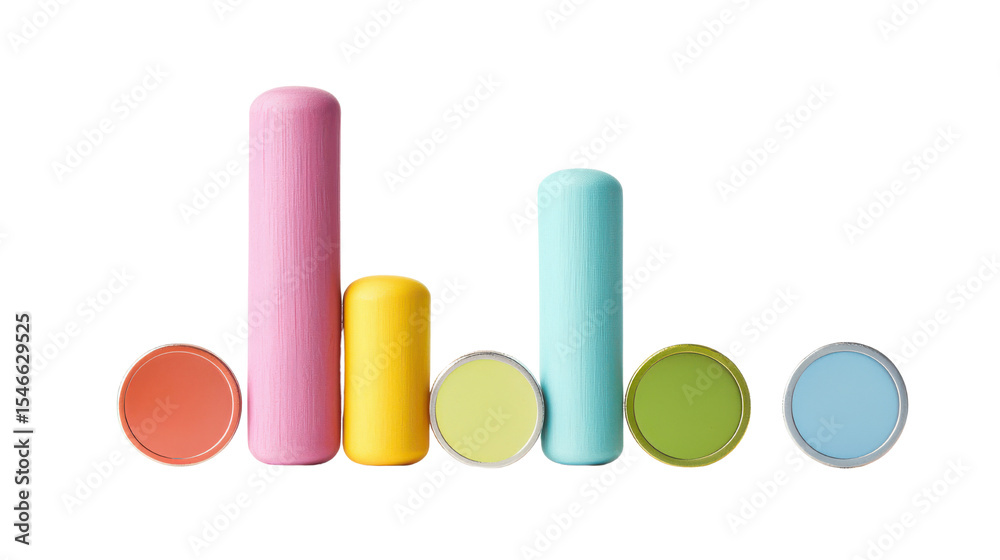 Obraz premium Colorful Cylindrical Objects and Circular Discs Arranged in a Playful Layout on a White Background