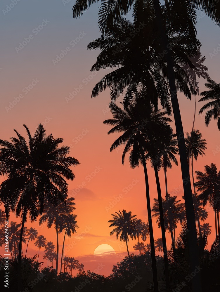 Obraz premium Silhouette of palm trees at tropical sunrise or sunset