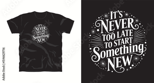 It's never too late to start something new-typography t shirt design, motivational typography t shirt design, inspirational quotes t-shirt design, vector quotes lettering t shirt design for print