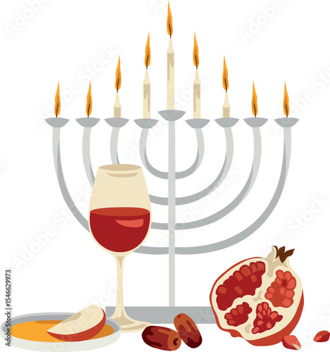 Vector hand-drawn Jewish Rosh Hashanah holiday composition with menorah, wine, pomegranate, apple, honey. Jewish High Holidays card, Jewish New Year