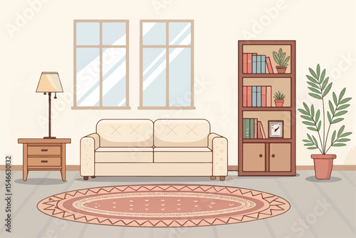 Elegant Flat Vector of a Stylish Living Room with Minimal Decor, Pastel Sofa, Lamp, Rug and Shelf