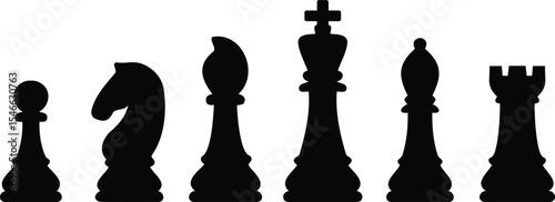 Classic chess piece silhouette icons including king, queen, bishop, knight, rook, and pawn in minimal black design