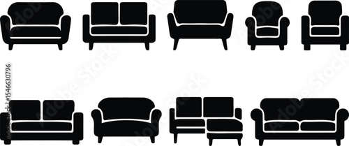 Set of sofa and couch silhouette icons in various styles including single, double, and sectional seating in minimal black design