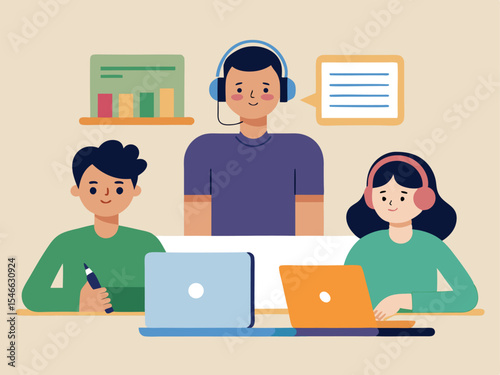 Remote Team Collaboration with Headsets and Laptops Featuring Data Visualization and Communication Bubbles in a Flat Vector Style flat vector