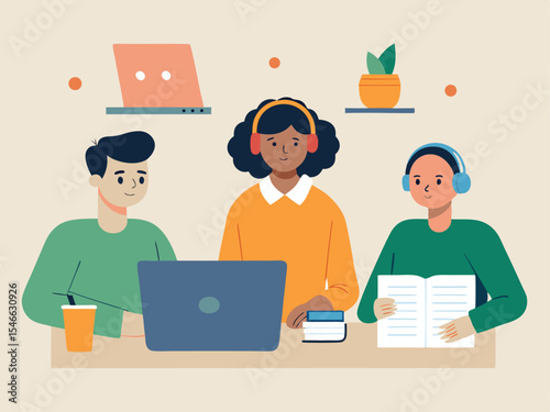 Diverse Students Collaborating on a Project with Laptops Books and Headphones in a Modern Stylized Illustration for Education and Teamwork Concepts