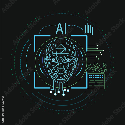 Futuristic AI Face Recognition Interface – Glowing HUD Neural Scan Technology" EPS File