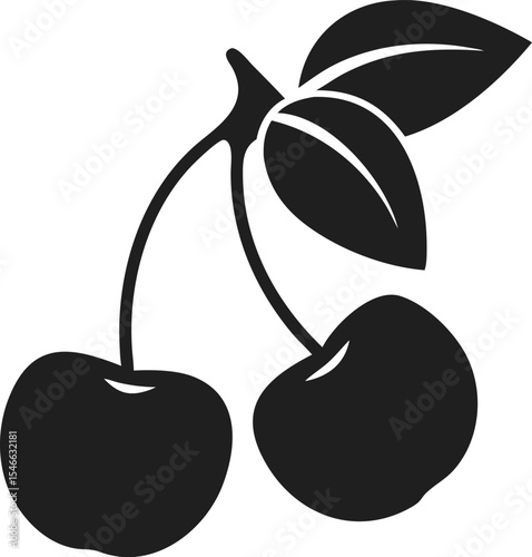 Cherry silhouette twin fruit icon with stem and leaves symbolizing sweetness and natural freshness