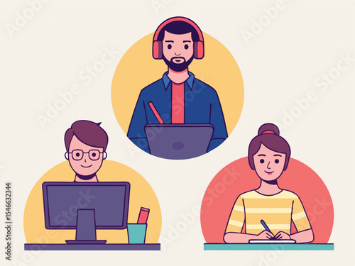 Diverse Team Working Remotely Illustration of Three Individuals Collaborating Online Using Various Devices and Tools in a Modern Minimalist Style with Bright Colors