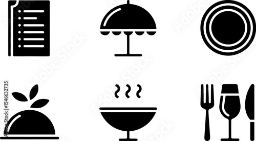 Restaurant menu food serving dish plate cutlery dining catering service vector icon set design 100 char editable stock vector illustration