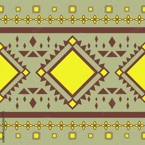 Embroidery Bohemian Pattern with Brown Neon Yellow on Olive Green Background. Traditional Florals Blooming Tribal Style Geometric Diamond Triangle Fine Design for Bedding Textile Mosaic Border Fashion