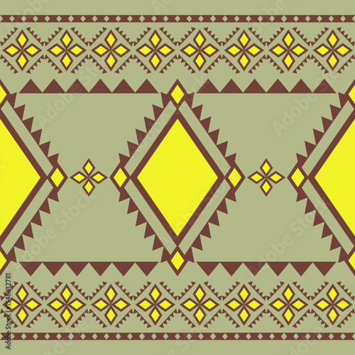 Ethnic Thai Motif Modern Neon Color Lemon Yellow Brown Ornament on Green Olive Background. Geometric Needlecraft Florals Silk Weaves Pattern. Tribal Style Texture Textiles Frame Decoration Homespun