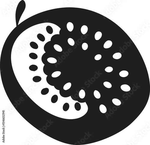 Kiwi fruit silhouette sliced tropical fruit with radial seed pattern and fuzzy oval shape