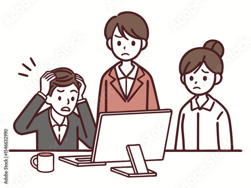 Stressed Office Team Facing Computer Problems Expressing Frustration and Concern Depicting Workplace Challenges and Seeking Solutions Together in a Modern Business Environment with a Cup