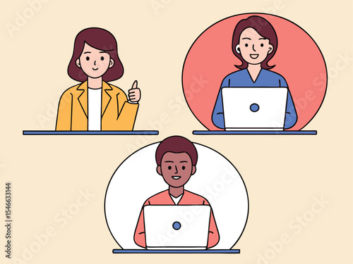 Illustration of diverse professionals in a virtual meeting collaborating online using laptops with one giving a thumbs up in a positive work environment