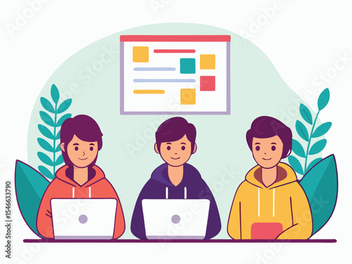 Team Collaboration Illustration Three People Working on Laptops with a Kanban Board in the Background Surrounded by Decorative Plants in a Flat Design Style